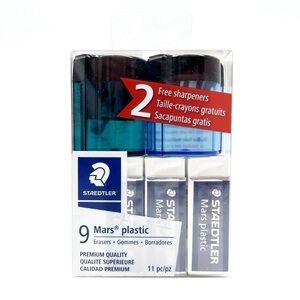 Staedtler Set of 9 Mars Erasers & 2 Manual Pencil Sharpeners Green Blue New NWT